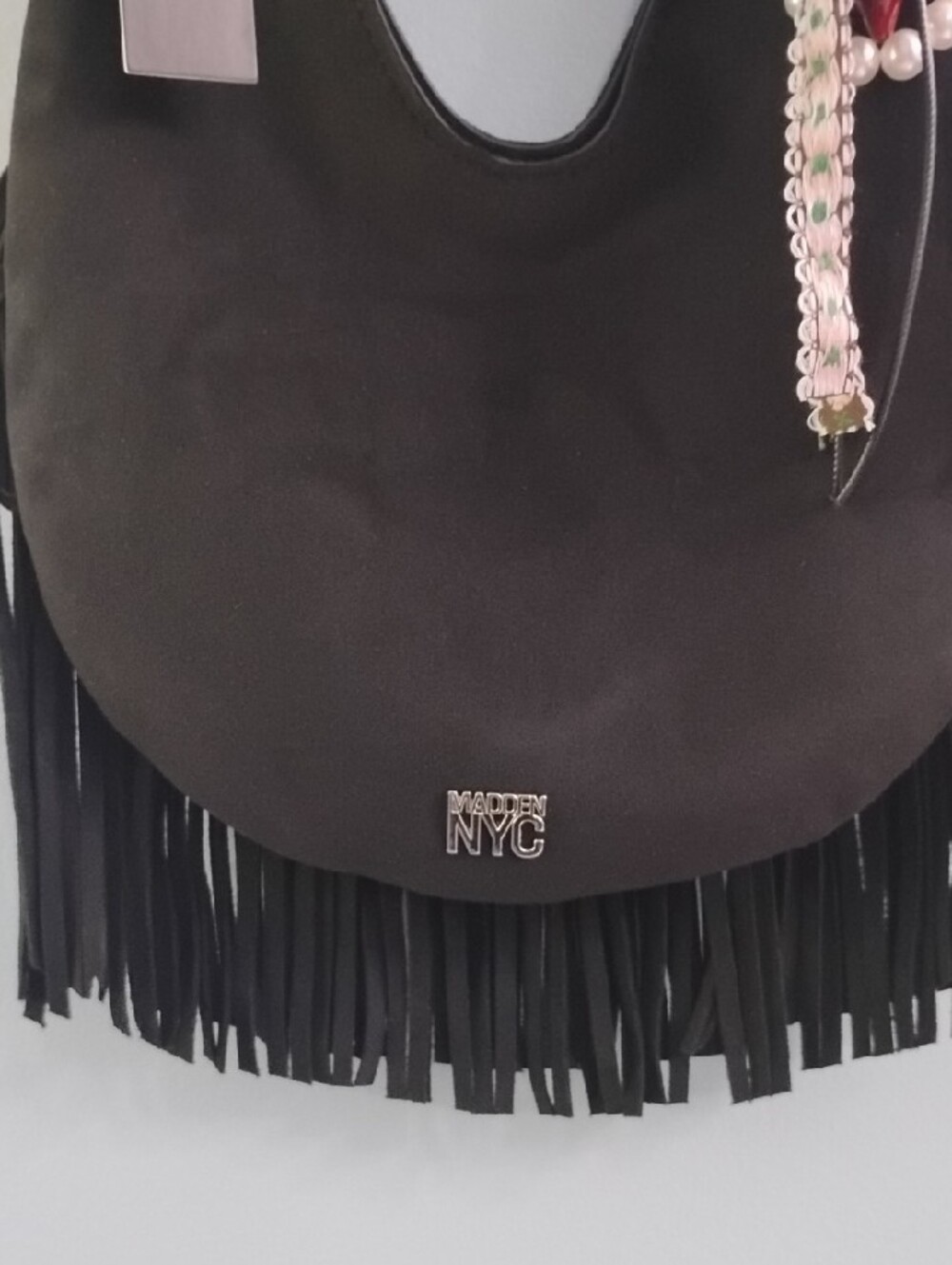 NWT Steve Madden Black Fringe Hobo Bag with Charm Accent - Picture 3 of 5